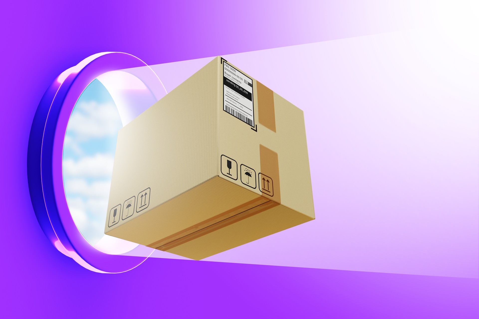 Courier box on purple background. Parcel during flight. Concept - fast delivery of orders. Fast receipt of parcel. Delivery service sticker on cardboard box. Receiving parcel. 3d rendering.