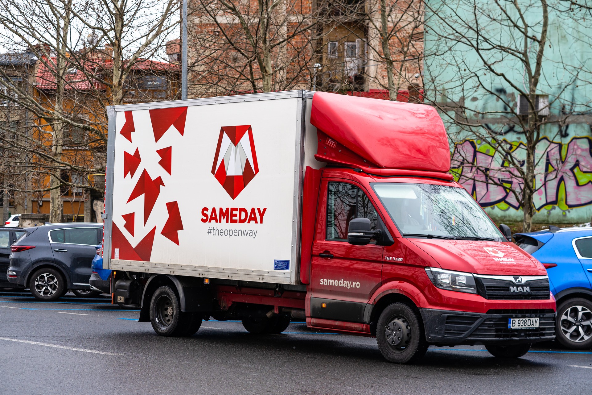 Sameday courier truck parked in Bucharest, Romania, 2022